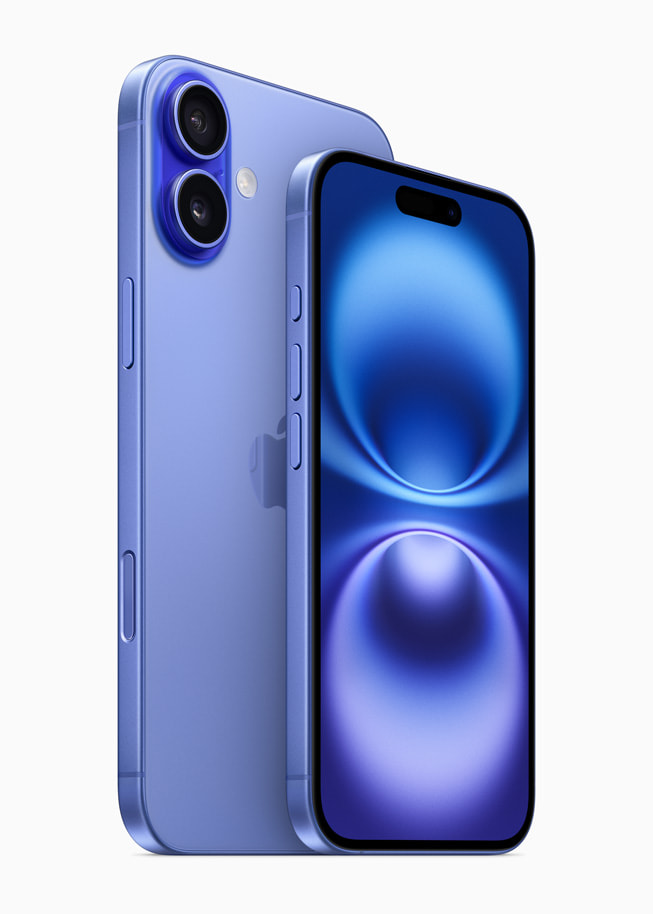 iPhone 16 azul visto de frente e de costas